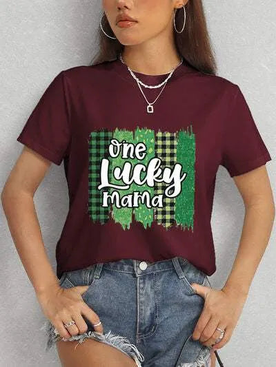 ONE LUCKY MAMA Round Neck T-Shirt Wine Women's T-Shirts - Tophatter Daily Deals